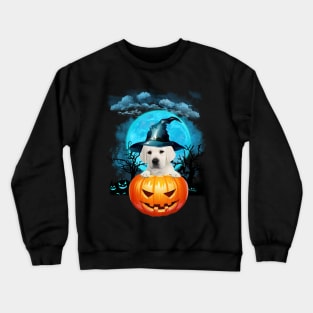 White Labrador Witch Hat Pumpkin And Blue Moon Halloween Crewneck Sweatshirt